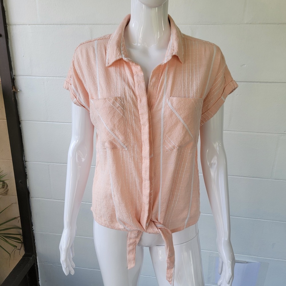 Dorothy Perkins Button Down Shirt Peach Women 10 Coastal Striped Glittery Tie